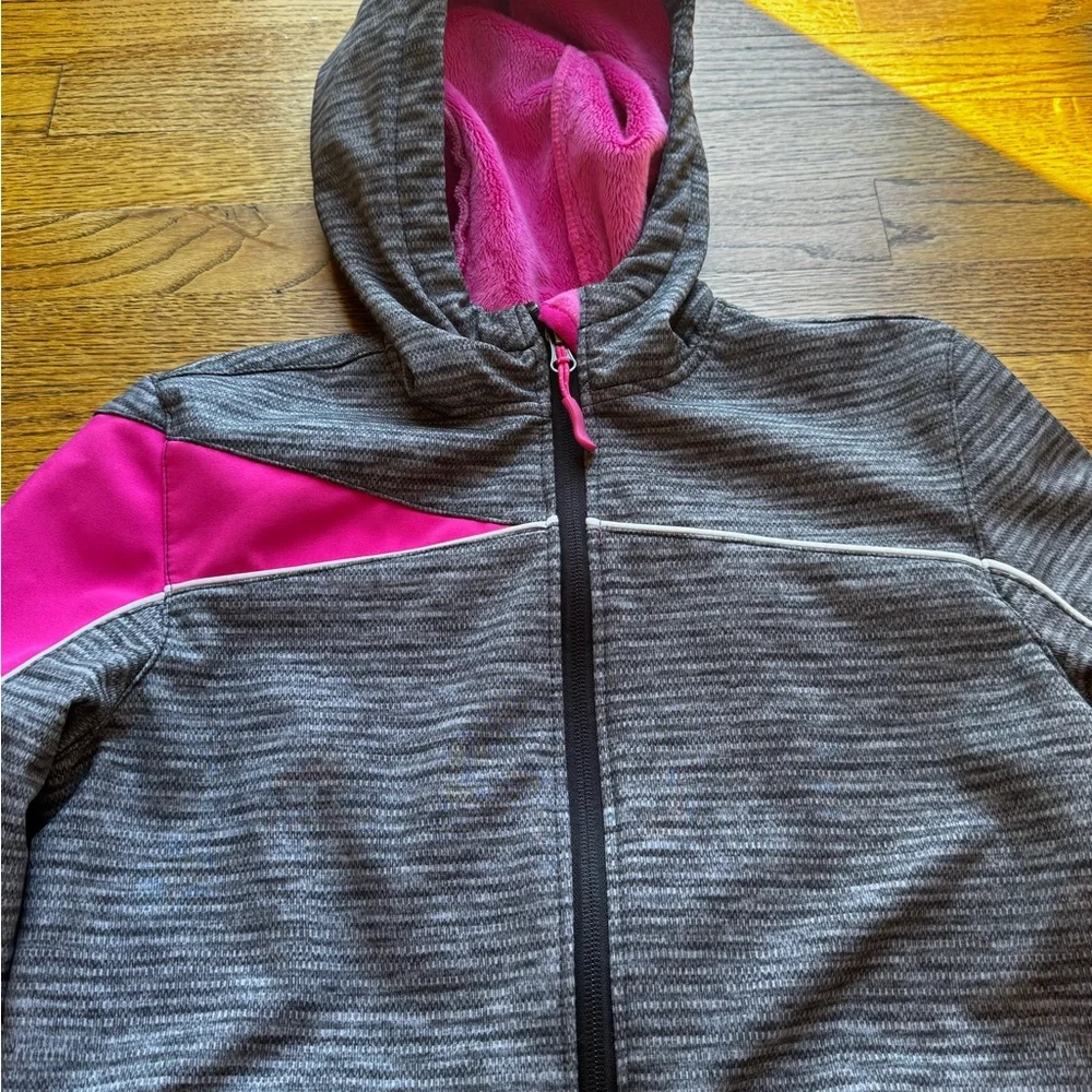 SNOZU Grey Pink HOODED JACKET with PINK‎ FLEECE LINING Girls Size large 14-16